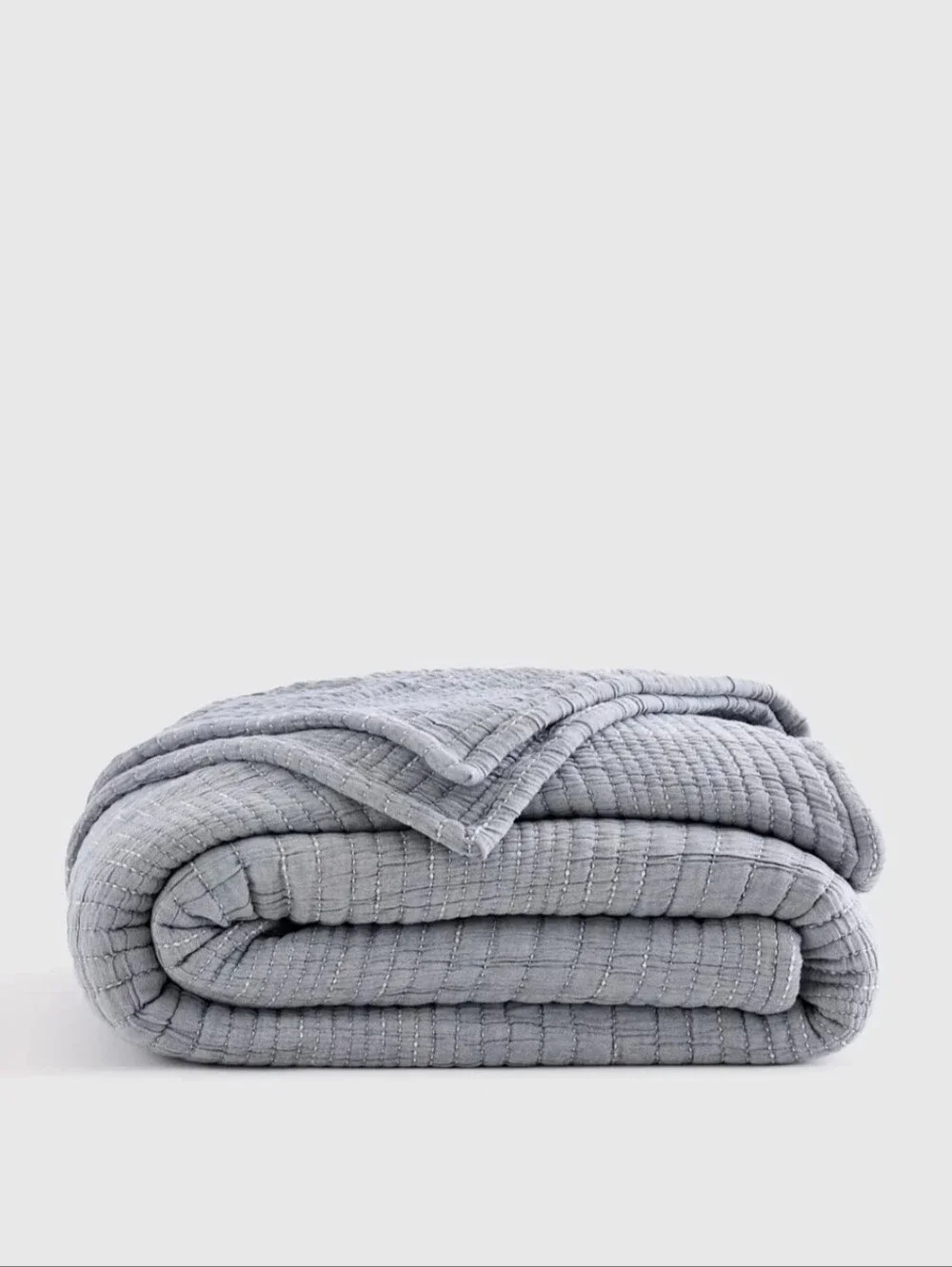 Quince Organic Cotton Channel Stitch Coverlet Quilt King Blue EUC